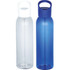 A drink bottle set featuring a clear bottle with a white lid and a blue bottle with a blue lid. Each bottle has a logo.