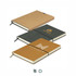 Three recycled soft cover notebooks in brown, green, and tan, featuring various branding and designs.