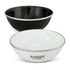 A black enamel bowl and a white enamel bowl with silver rims, featuring a logo on the white bowl.