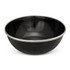 A black enamel bowl with a silver rim, featuring a shiny, smooth interior finish.