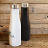 A drink bottle duo in white and black, featuring a metallic lid and a logo on the white bottle.