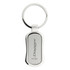 A silver keychain with a sleek, elongated design and a logo on one side.