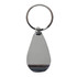 A shiny silver keychain with a teardrop shape and a metal ring for attachment.