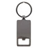 A rectangular silver keychain with a circular keyring attachment. It features a smooth, reflective surface.