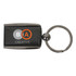 A carbon fibre keychain featuring a rectangular design and a metallic silver ring. It includes a logo.