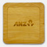 A bamboo coaster featuring a square shape with a logo engraved in the centre.
