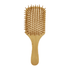 A bamboo hairbrush with a rectangular shape and wooden bristles, featuring a smooth handle.