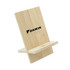 A bamboo phone stand with a sleek design and a logo, featuring a natural wood finish.