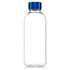 A drink bottle made from clear Tritan, featuring a blue screw-top lid and a simple design with a logo.