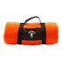 An orange blanket rolled up with a black strap and a logo.