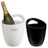 A white and a black ice bucket, each holding a bottle of champagne with ice. Both have a handle and feature a logo.