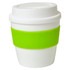 A small white cup with a lime green silicone band and a matching lid, featuring a logo.
