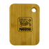 A small bamboo cutting board featuring a round handle and a logo on the surface.