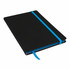 A black A5 journal with a blue elastic band, featuring a ribbon bookmark. It has a simple, sleek design.