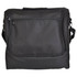 A black picnic basket with a zipped front pocket and an adjustable strap. It features a compact and sturdy design.