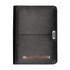 A black leather zippered 3-ring compendium featuring a sleek design and a logo on the front.