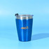 A drink bottle that is a blue stainless steel tumbler with a clear lid and a logo on the front.