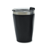 A drink tumbler in matte black with a clear lid and silver accent, featuring a branding logo.