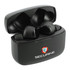 True wireless earbuds in a black charging case, featuring a logo and silicone ear tips for comfort.
