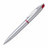 A silver highlighter and pen combination featuring a red top and accents, with a clip for attachment.