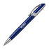 A metal pen in blue with a silver clip and branding on the barrel.