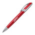 A red metal pen with a silver clip and detailing, featuring a logo on the barrel.