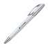 A metal pen in white with a silver clip and branding on the barrel.