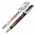 A set of two metal pens, one white and one black, both featuring vibrant multicoloured text and chrome accents.