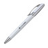 A metal pen with a white barrel and silver accents, featuring a logo on the side.
