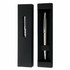 A sleek black gift box with a window, containing a silver pen, featuring a logo.