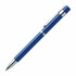 A blue pen with a silver clip and detailing, featuring a sleek design and branding.