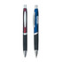 A set of two plastic pens, one red and one blue, both with rubber grips and silver accents. Each pen has a logo.