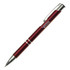 A metal pen in a deep red finish with chrome accents and a branding logo.