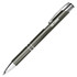 A metal pen in an olive green colour with silver accents and a branding logo.