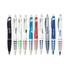 A collection of metal pens in various colours, featuring designs with grip patterns and logos.