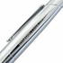 A silver metal pen with a sleek design and clip, featuring a logo on the barrel.