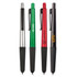 A collection of four 2 in 1 stylus pens in silver, green, red, and black, each with a clip and rubber grip.
