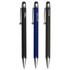 Three stylus pens in black, blue, and grey, each featuring a branding logo and a metal clip.