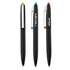 Three black pens with coloured accents: green, blue, and red. Each pen features a branding logo.