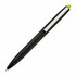 A black pen with a green tip and a sleek design, featuring a logo on the barrel.