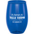 A stemless wine cup in blue with a branding logo and decorative text on the front.