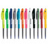 A row of clicked plastic pens in various colours, including green, blue, orange, white, black, and red, featuring logos.