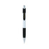 A sleek silver and black custom pen with a textured grip and a logo on the barrel.
