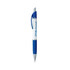 A blue and white custom pen with a logo, featuring a sleek design and a retractable ballpoint tip.