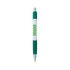 A green and white promotional pen featuring a logo and a click mechanism.