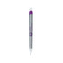 A silver and purple metal pen with a logo on the side.