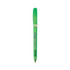 A green metal pen with a transparent barrel and a clip, featuring a logo on its side.