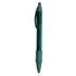 A plastic pen in green, featuring a clear barrel and a textured grip, with a logo on the side.