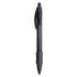 A black plastic pen with a textured grip and a clip, featuring a transparent body and a rounded tip.