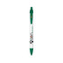 A plastic pen with a white body and green accents, featuring a logo on the barrel.